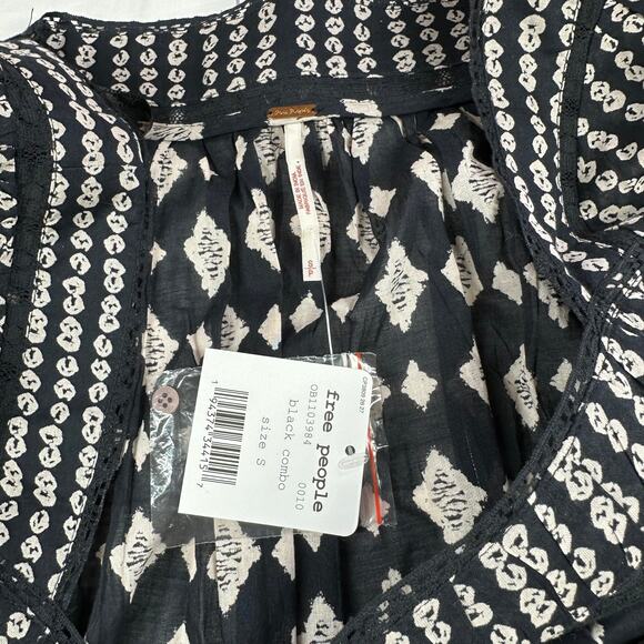 Free People Dress Womens Small Black Hearts Desire Cotton Mini Ivory Boho New - Picture 6 of 12